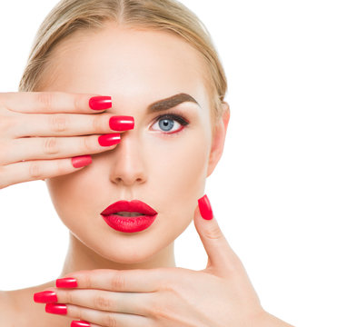 Beauty Blond Fashion Model With Red Lipstick And Red Nails