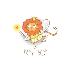 Children's card with cartoon fairy  lion  and magic wand. Vector image.