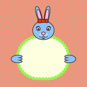 Blue bunny holding banner card in paws. Birthday greeting.