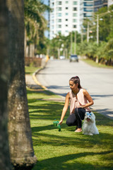 Woman Cleaning Droppings Of Her French Poodle Dog