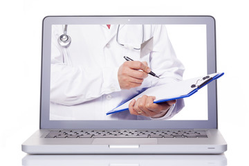 Doctor holding a clipboard through a laptop, isolated on white b