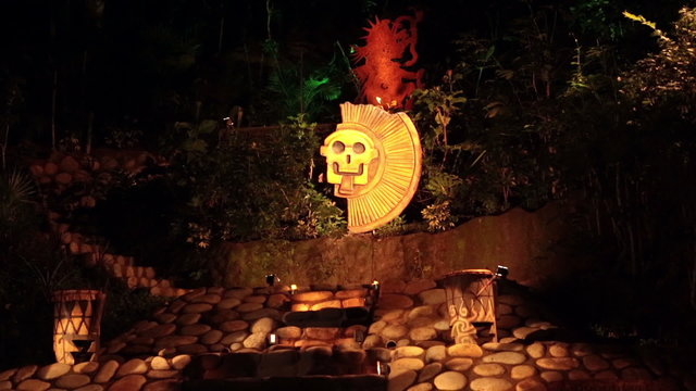 Mayan temple pyramid replica night torch flames HD 4282