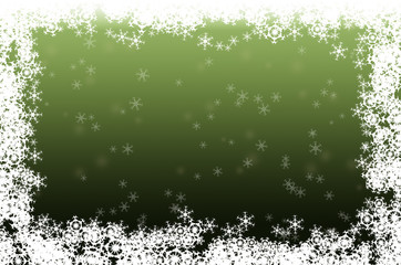 Green winter holidays background framed with white snowflakes.