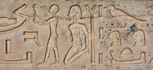 old egypt hieroglyphs carved on the stone. Detail from temple wa