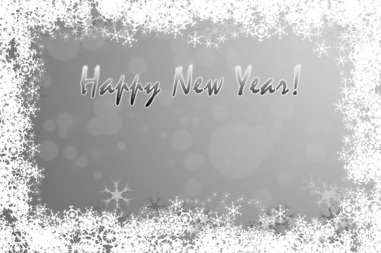 Happy New Year greeting card framed with white snowflakes on shiny silver background.