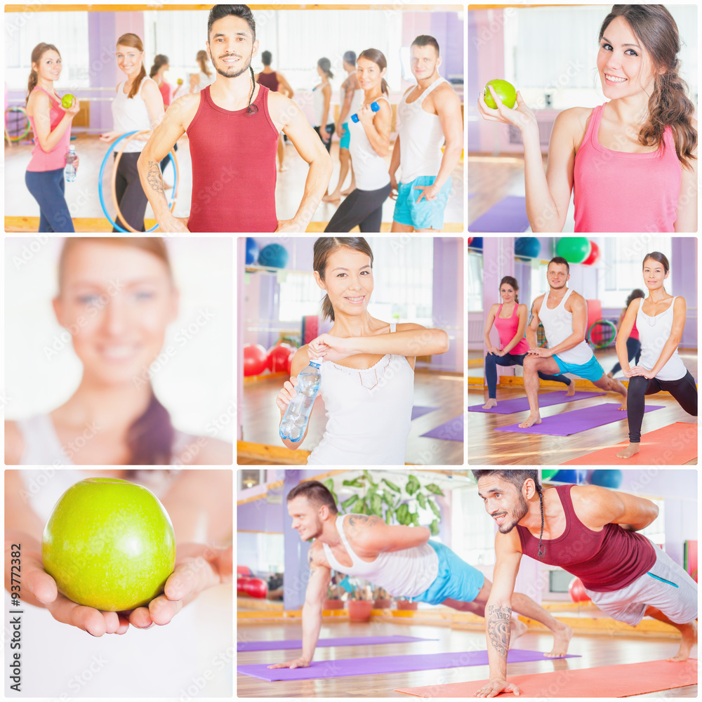 Wall mural Collage with several photos of happy group of people doing sports - fitness, exercise, pilates, gym, stretching. Sports activities improve beautiful, healthy body, character! Healthy lifestyle concept