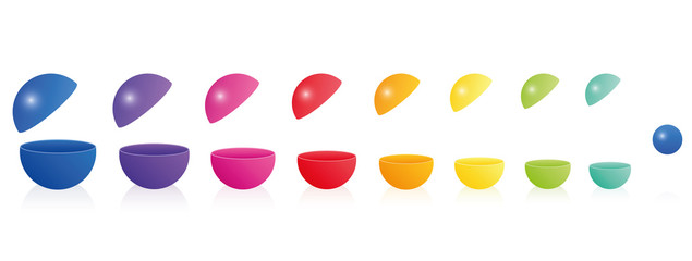 Plastic toy balls - empty hollow open fillable colorful - forming a rainbow colored line like the russian doll nesting game matryoshka. Three-dimensional illustration over white background.