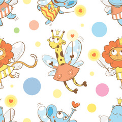 Vector seamless pattern with fairies elephant, hippopotamus,  giraffes and lions  on a white background.