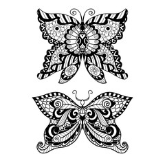 Hand drawn butterfly zentangle style for coloring book, shirt design or tattoo