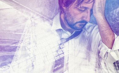 Tired exhausted businessman in trouble, double exposure