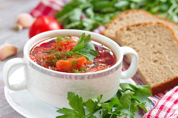 Traditional Russian Ukrainian vegetable borscht soup