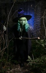 Naklejka premium Young girl with green hair and broom in suit of witch in forest. Halloween time