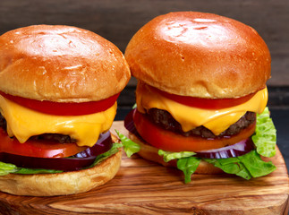 Homemade Cheeseburgers top with onion, tomato, lettuce and cheese.