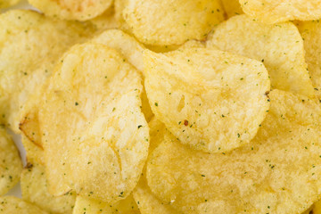 Prepared potato chips snack closeup view