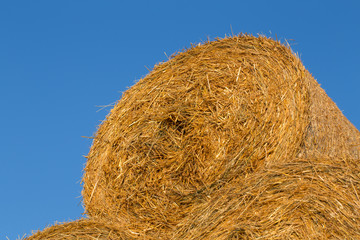 Piled hay bales on a field against blue sky