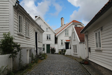 White decorated streets in the old town in Stavanger, Norway