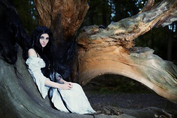 Young beautiful witch with long dark hair in root of old tree