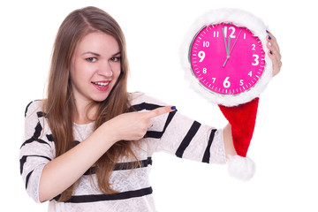 portrait of santa girl with clock. white background