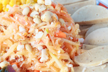 Thai traditional food style papaya salad and eggs corn. SOMTAM