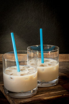 Irish cream liqueur in a glass with ice.