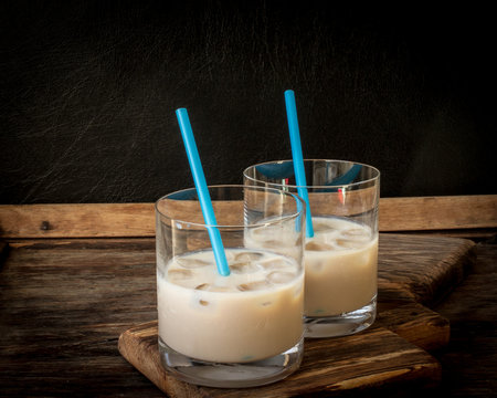 Irish cream liqueur in a glass with ice.