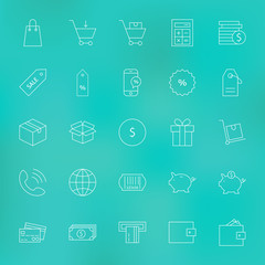 Shopping and Money Line Icons Set over Blurred Background