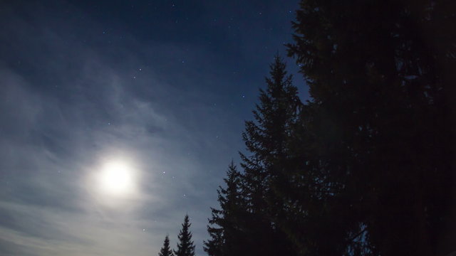 Night time lapse in a valley of Pokljuka with full moon
