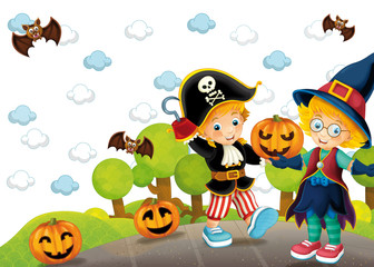 Cartoon halloween scene with children as a witch and a pirate