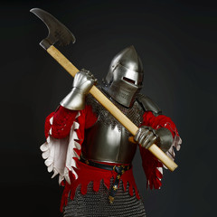 Medieval knight with an axe  on grey background