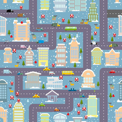 Winter city seamless pattern. Christmas in city. Map real estate