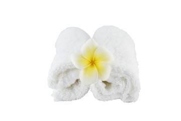 Obraz na płótnie Canvas Spa treatment with soap towels and flower on white background with clipping paths