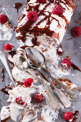 Semifreddo with meringue, raspberries and chocolate sauce.selective focus