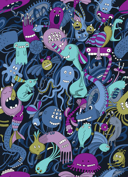 Seamless pattern of monsters.Abstract, cartoon design. world doodles and monsters.