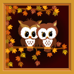 Picture with couple owls on autumn tree
