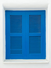 Blue window ,close, white wall