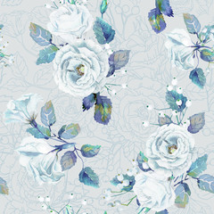 Seamless pattern of vector watercolor blue roses.