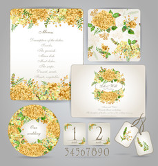 Set of templates for celebration, wedding. Yellow flowers.  Watercolor blue hydrangea, lavender, currant. Invitation card, letterhead, numbering for tables and different elements. Vintage design