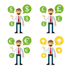 Vector pack of businessman talk about money and ideas