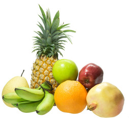 Fruits set on white isolated  Pineapple,apple,banana,pomegranate