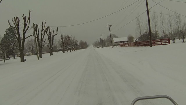 Driving ATV rural town neighborhood winter snow POV HD 0225