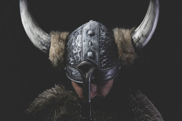 Murderer, Viking warrior with iron sword and helmet with horns