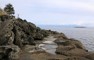 Fototapeta na wymiar The sculpted coast of Gabriola Island, in British Columbia, Canada, that have been shaped by the Pacific oceans waves. .