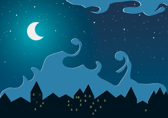 Vector illustration. Night city against the stars and the moon.