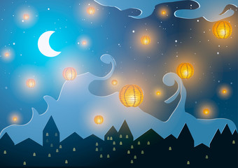 Vector illustration. Chinese New Year. Lanterns on a night city. 