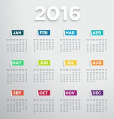 2016 Calendar With Modern Days And Months In 3D Paper Cut Out Notes
