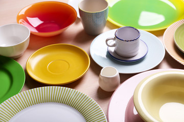 Set of colourful plates on the table