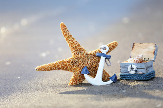 Concept of starfish, anchor and treasure chest on the beach