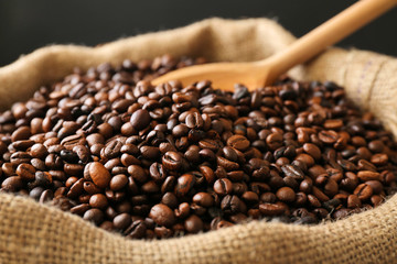 Sac with roasted coffee beans with spoon on dark background