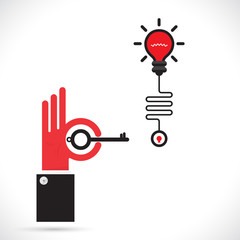 Businessman hand and key sign with creative light bulb symbol.