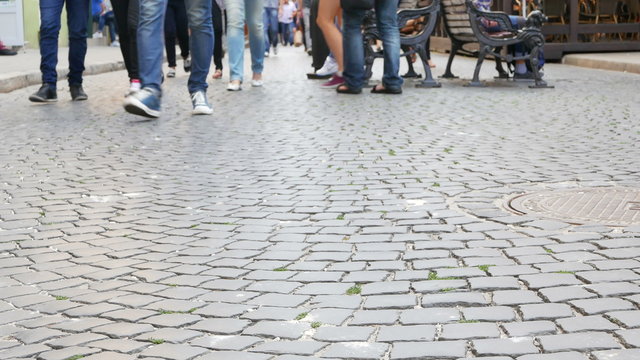 
Street of stone blocks with people of  old European city Lviv in Ukraine. 4K 3840x2160.


